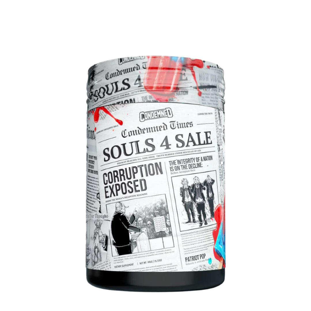 A container of Condemned Labz Souls 4 Sale pre-workout supplement with a colorful illustration of monsters and people in a theatrical setting.