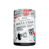 A container of Condemned Labz Souls 4 Sale pre-workout supplement with a colorful illustration of monsters and people in a theatrical setting.