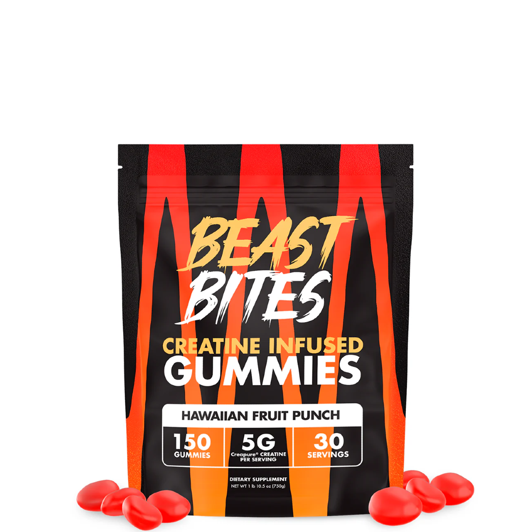 A package of Beast Bites Creatine Infused Gummies with the flavor Sweet Blue Raspberry. The package is predominantly black with blue stripes and text, and images of the gummies are displayed in front.