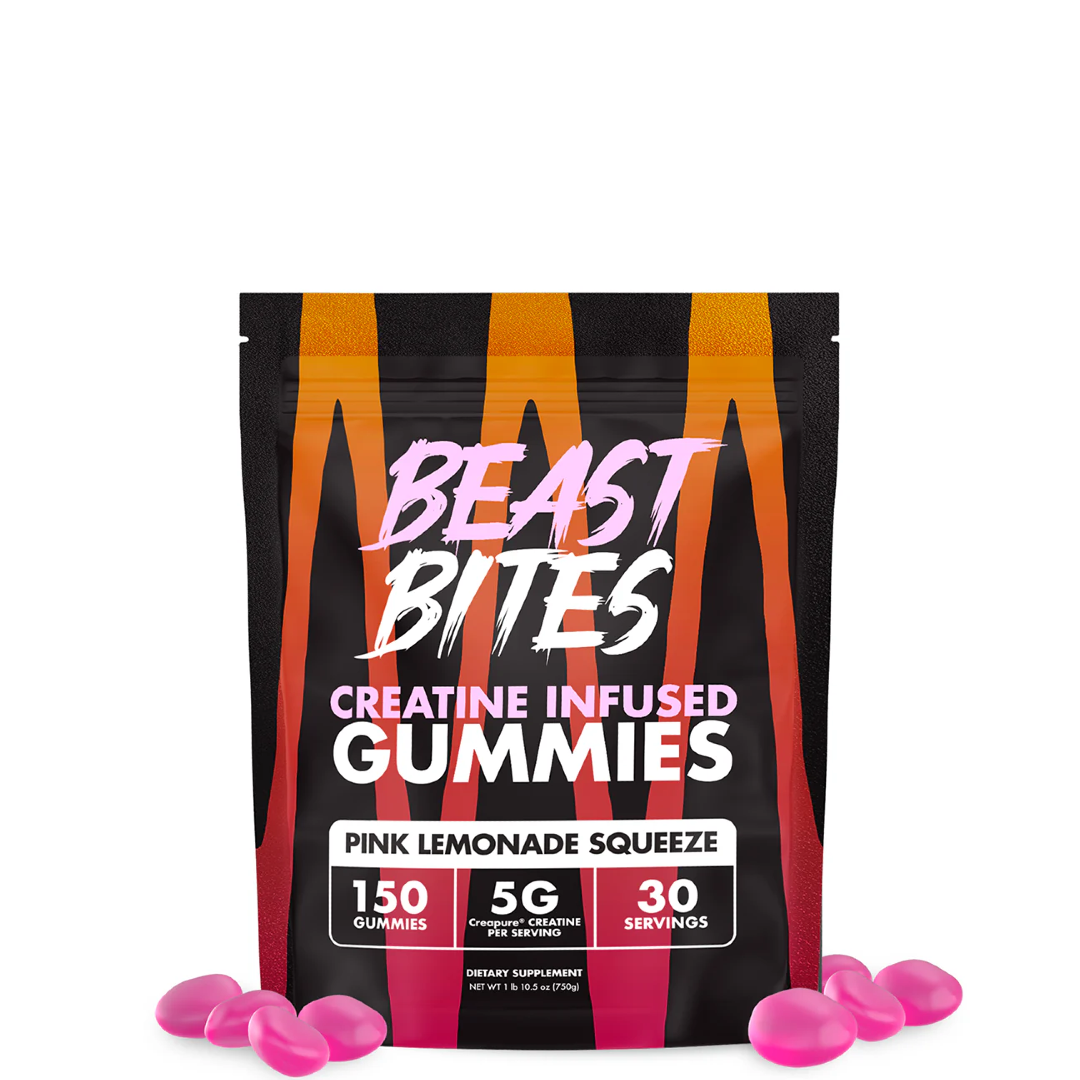 A package of Beast Bites Creatine Infused Gummies with the flavor Sweet Blue Raspberry. The package is predominantly black with blue stripes and text, and images of the gummies are displayed in front.