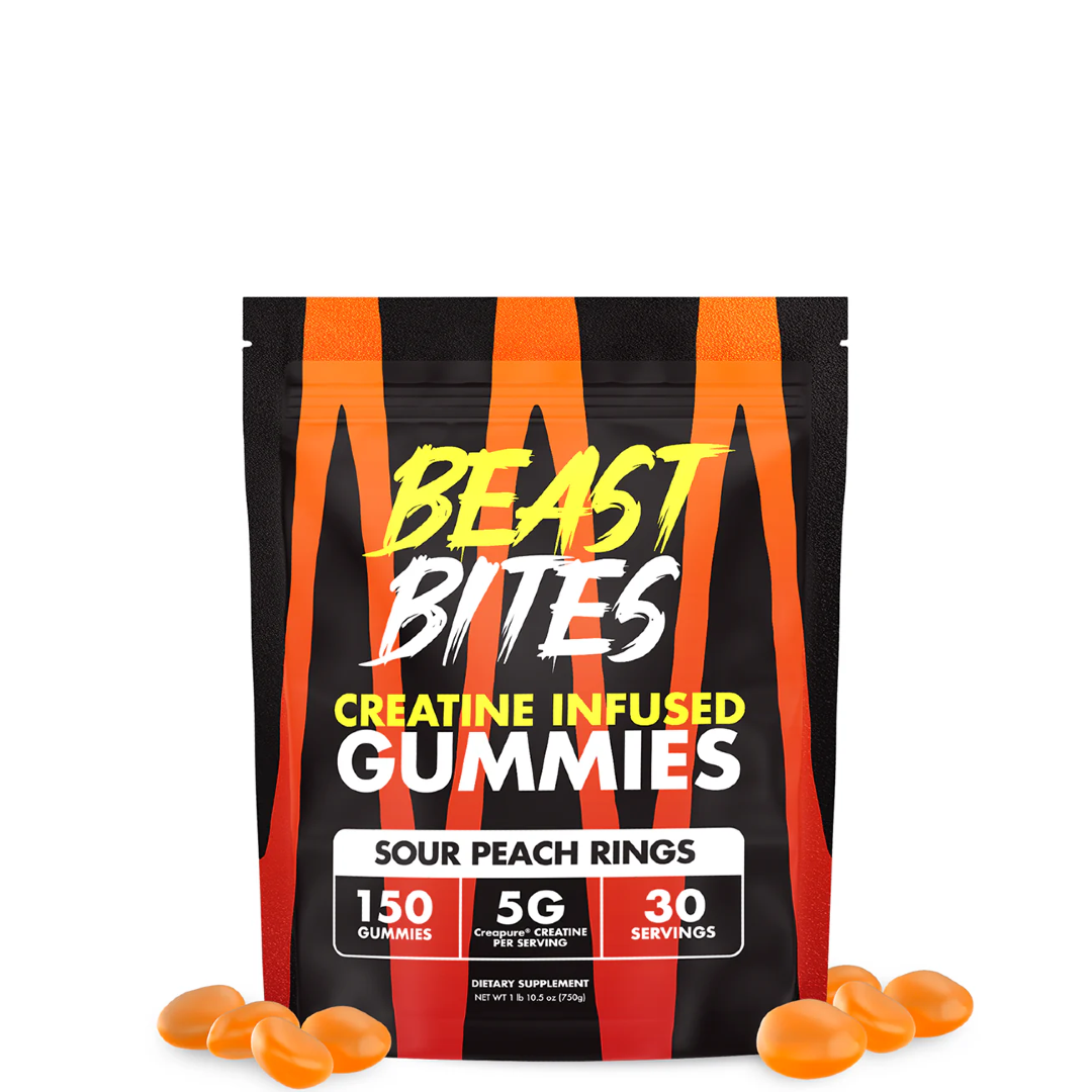 A package of Beast Bites Creatine Infused Gummies with the flavor Sweet Blue Raspberry. The package is predominantly black with blue stripes and text, and images of the gummies are displayed in front.
