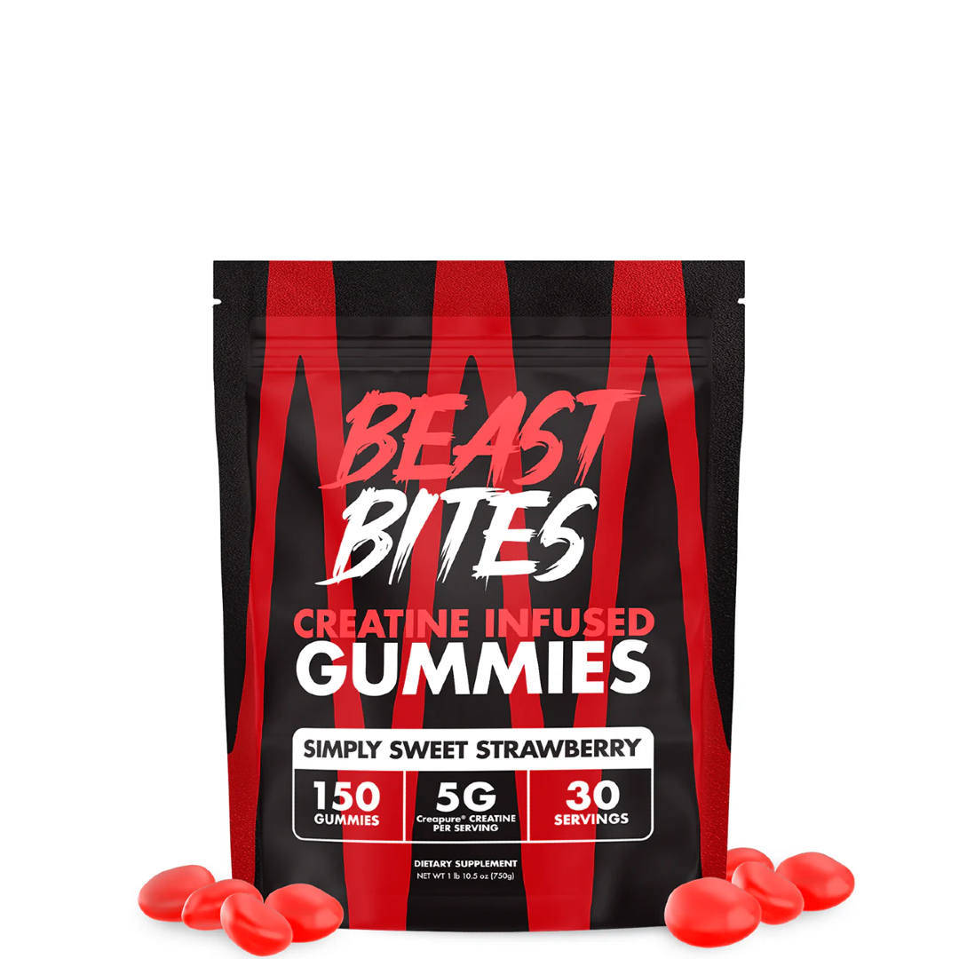 A package of Beast Bites Creatine Infused Gummies with the flavor Sweet Blue Raspberry. The package is predominantly black with blue stripes and text, and images of the gummies are displayed in front.