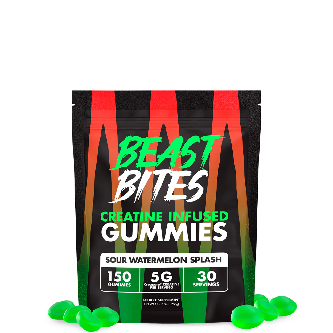 A package of Beast Bites Creatine Infused Gummies with the flavor Sweet Blue Raspberry. The package is predominantly black with blue stripes and text, and images of the gummies are displayed in front.
