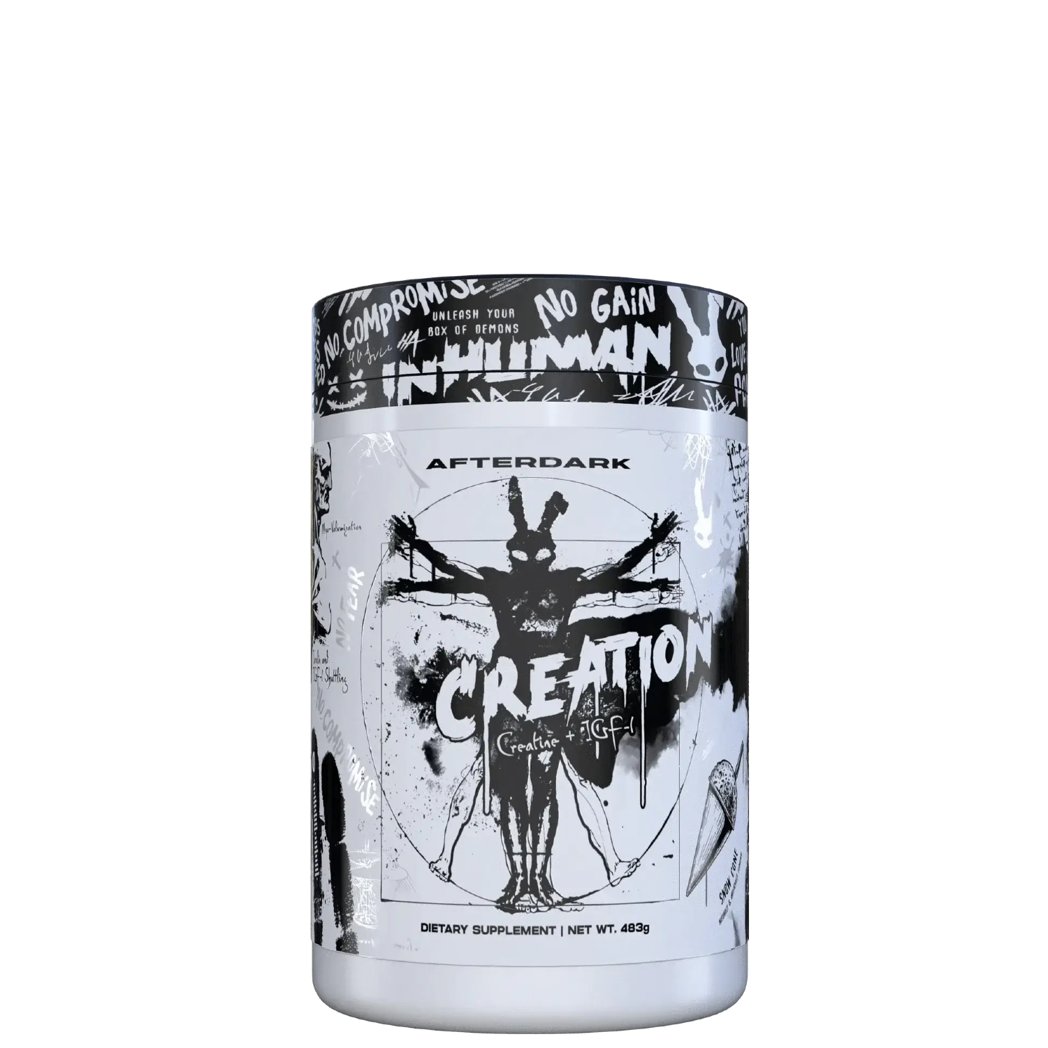 A container of AfterDark Creation Creatine powder with a black and white design featuring a silhouette of a person with a cross and abstract shapes.