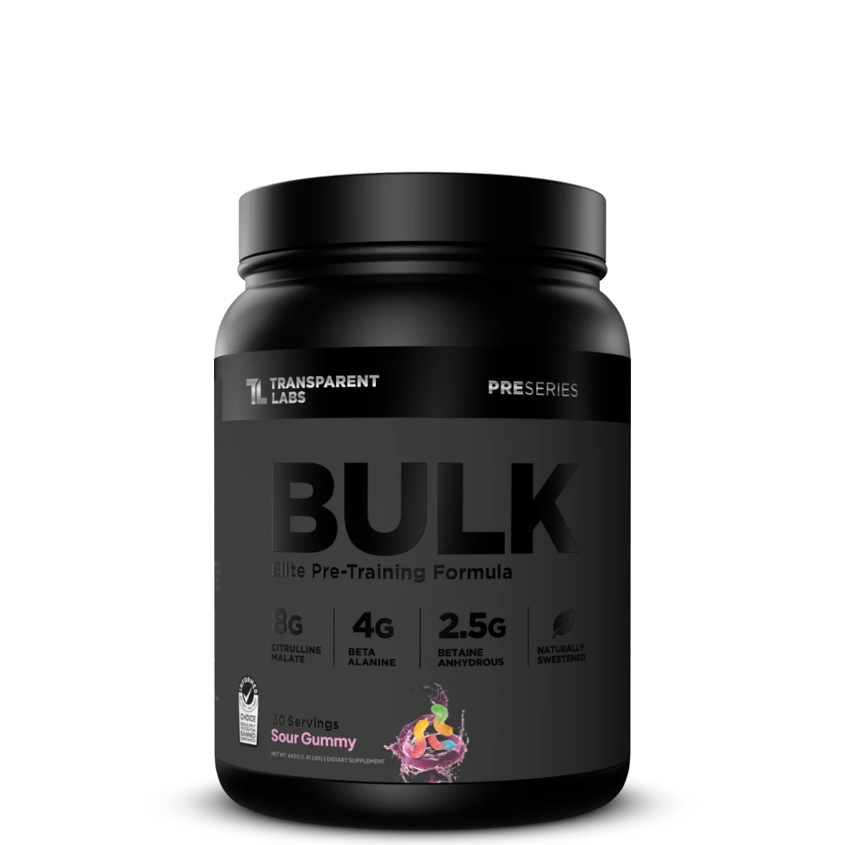 Black supplement container labeled 'BULK' with Transparent Labs branding on a white background