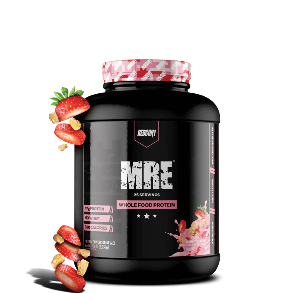 A black plastic container of MRE Whole Food Protein powder with a gold and white label, titled 'MRE WHOLE FOOD PROTEIN' and indicating 25 servings.