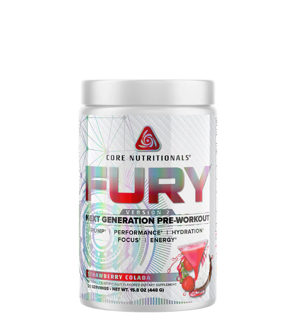 A container of Core Nutritionals FURY v2 pre-workout supplement.