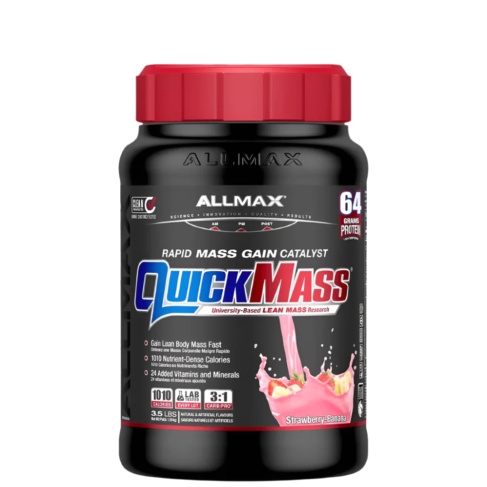 A container of QuickMass mass gainer protein powder by AllMax Nutrition in chocolate flavor.
