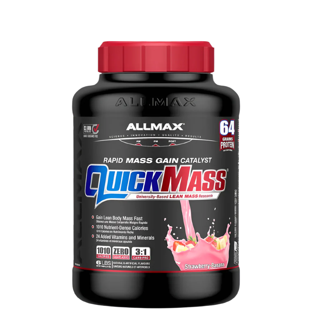 A container of QuickMass mass gainer protein powder by AllMax Nutrition in chocolate flavor.