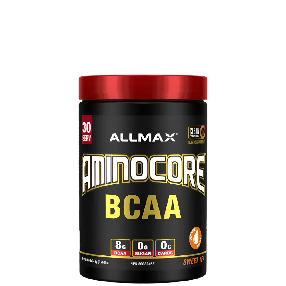 A container of Aminocore BCAA Supplement Powder by ALLMAX in black color with red and pink text, indicating the flavor as Pink Lemonade.