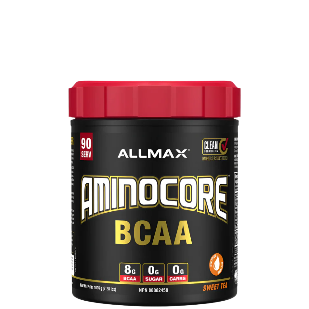 A container of Aminocore BCAA Supplement Powder by ALLMAX in black color with red and pink text, indicating the flavor as Pink Lemonade.