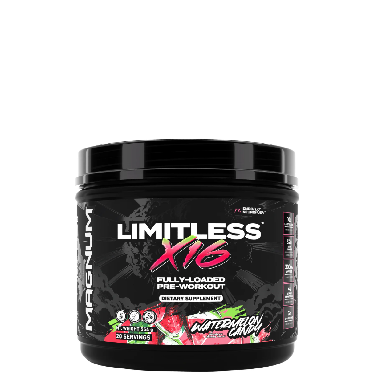 A container of Limitless X16 pre-workout supplement by Magnum with a black and red label, featuring images of fruits and text detailing the product's benefits.