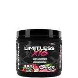 A container of Limitless X16 pre-workout supplement by Magnum with a black and red label, featuring images of fruits and text detailing the product's benefits.