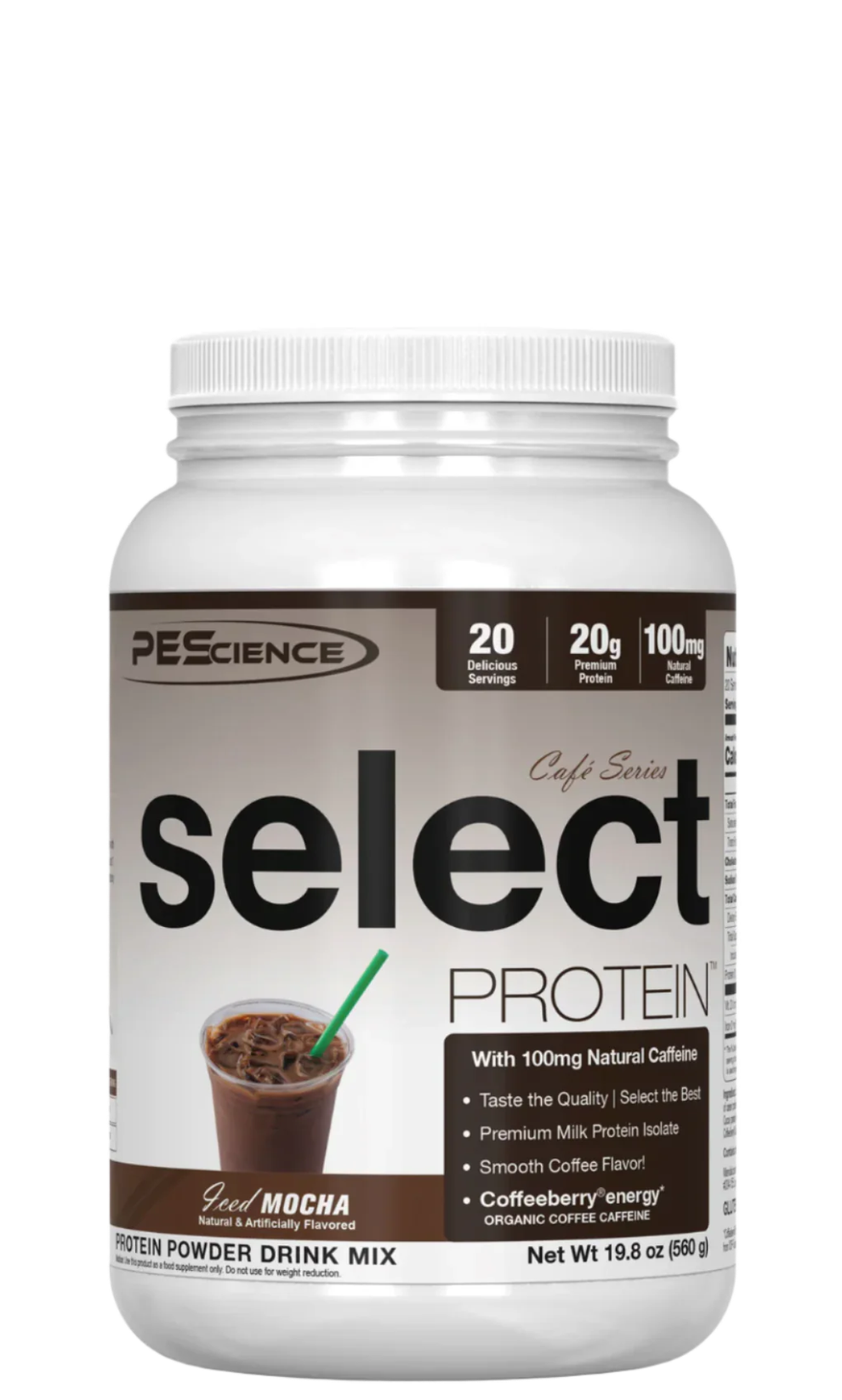A container of Select Café Series Protein, vanilla flavored, with a serving size of 37.5g, providing 20g of protein and 100mg of caffeine.
