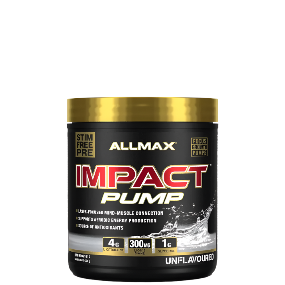 A container of Allmax Impact Pump pre-workout supplement in blue raspberry flavor.