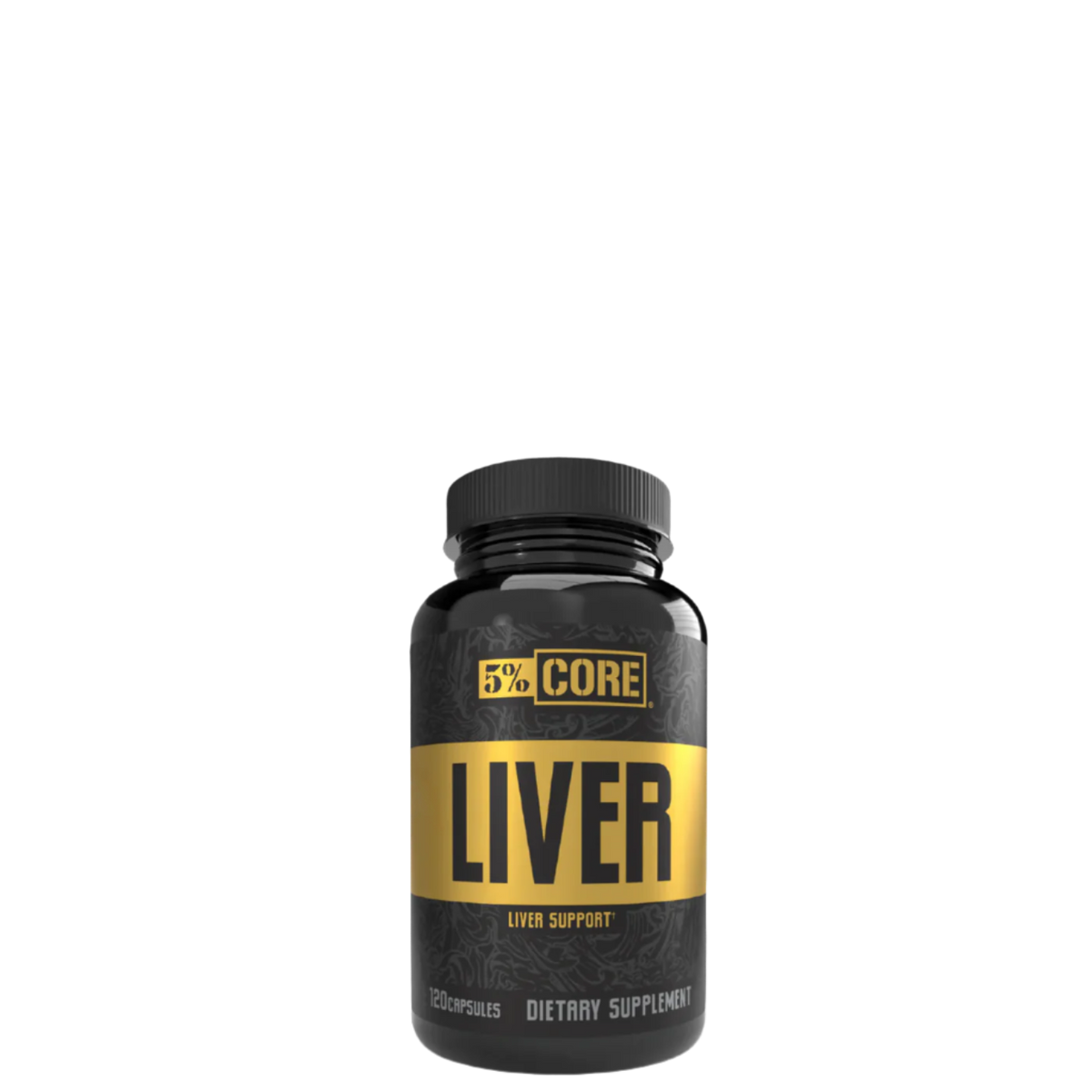 A bottle of 5% Nutrition Core Liver dietary supplement with a black and yellow label.
