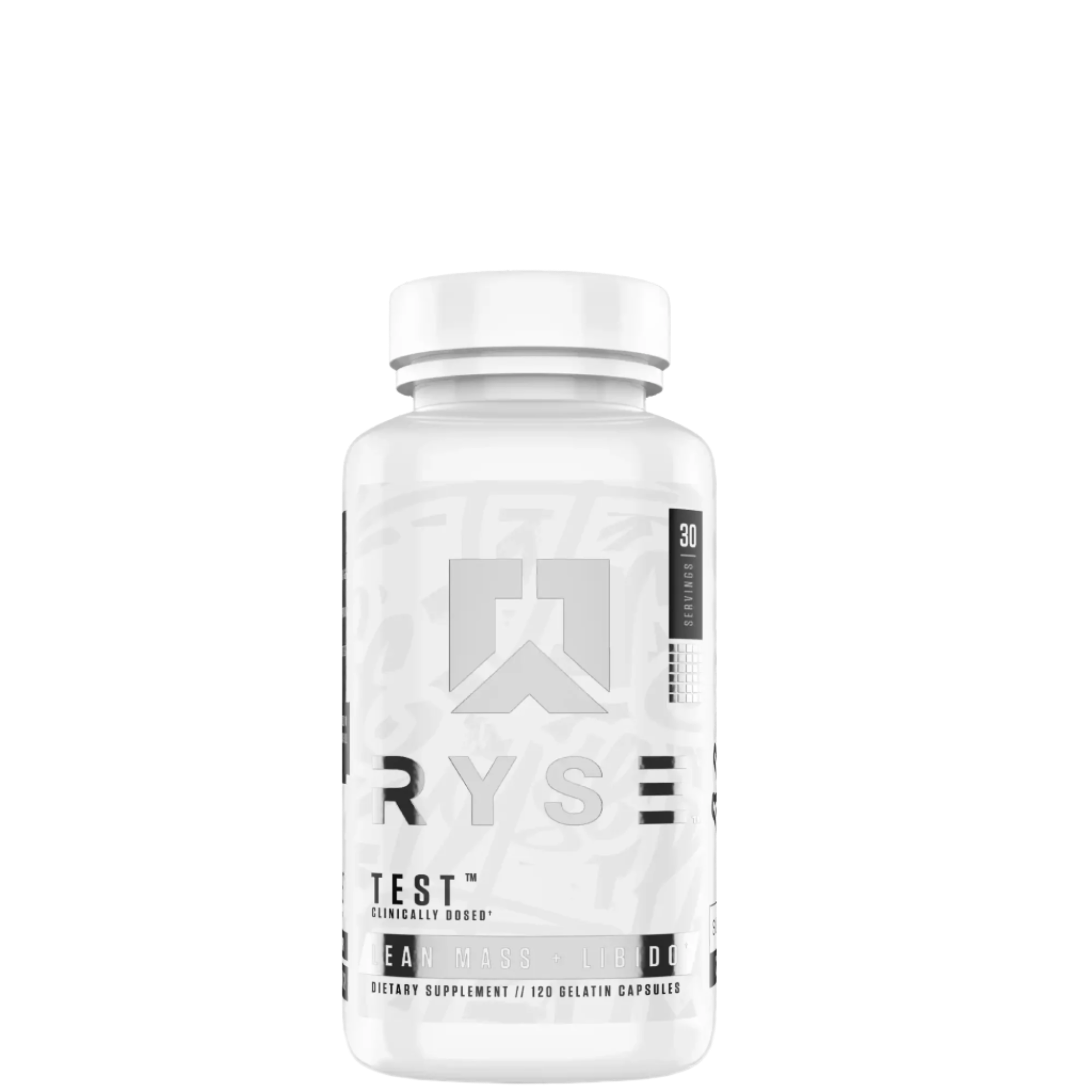 A white bottle with a label that reads 'RYS Test'. The bottle is presumably containing a dietary supplement based on the context provided.