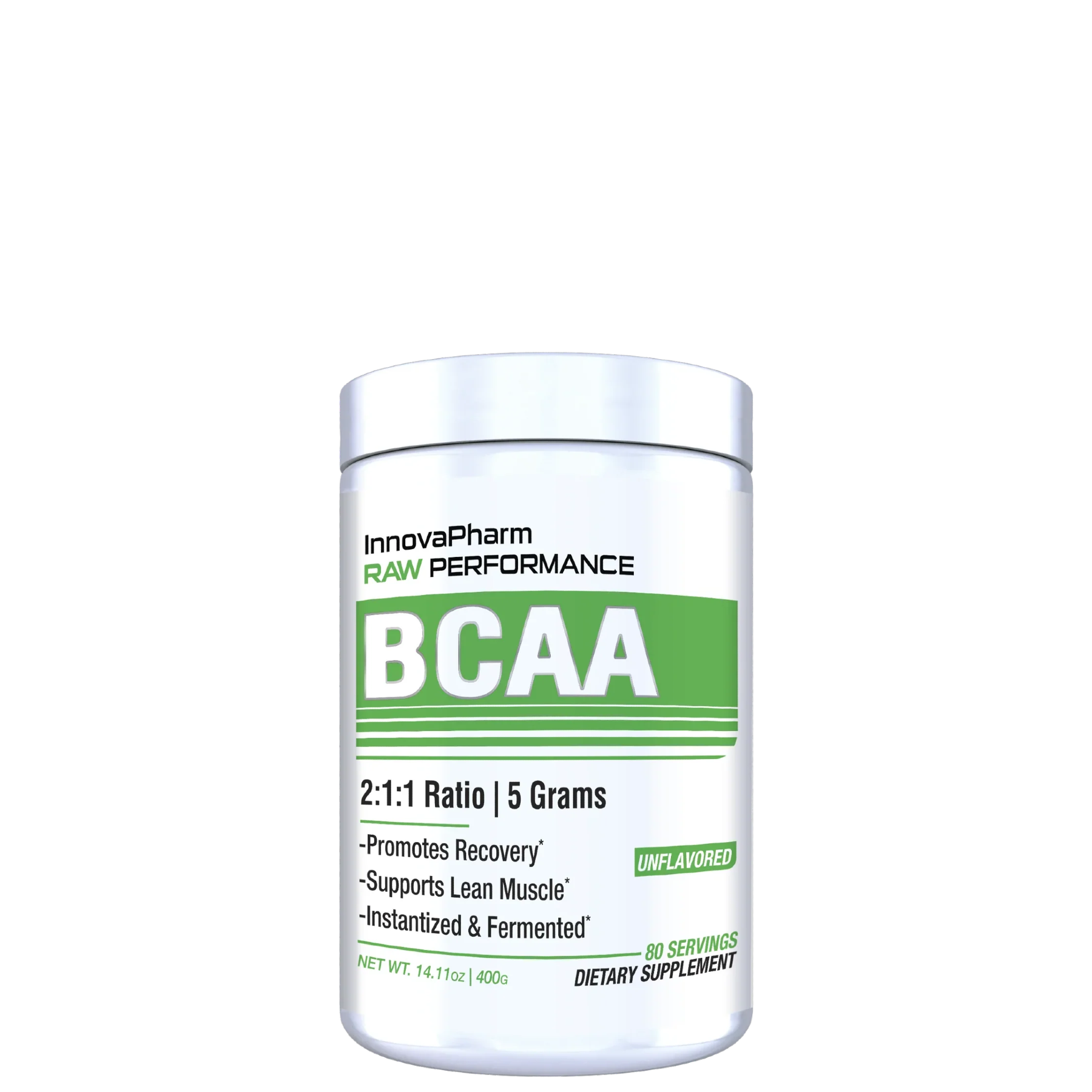 A container of innovaPharm Raw Performance BCAA supplement with 2:1:1 ratio and 5 grams per serving, indicating it promotes recovery and supports lean muscle.