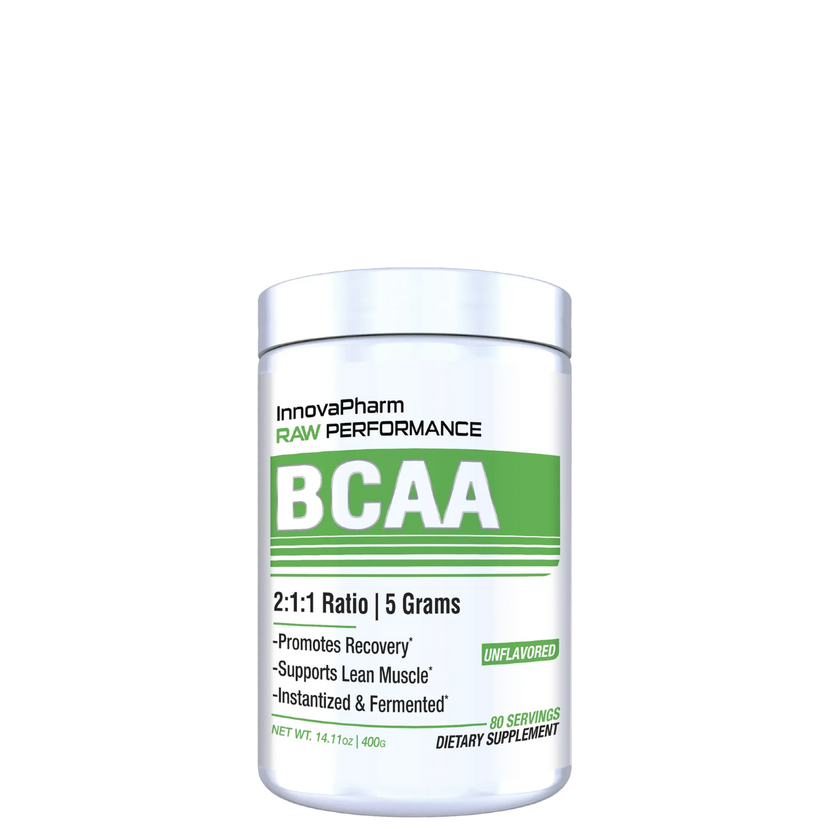 A container of innovaPharm Raw Performance BCAA supplement with 2:1:1 ratio and 5 grams per serving, indicating it promotes recovery and supports lean muscle.