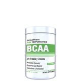 A container of innovaPharm Raw Performance BCAA supplement with 2:1:1 ratio and 5 grams per serving, indicating it promotes recovery and supports lean muscle.