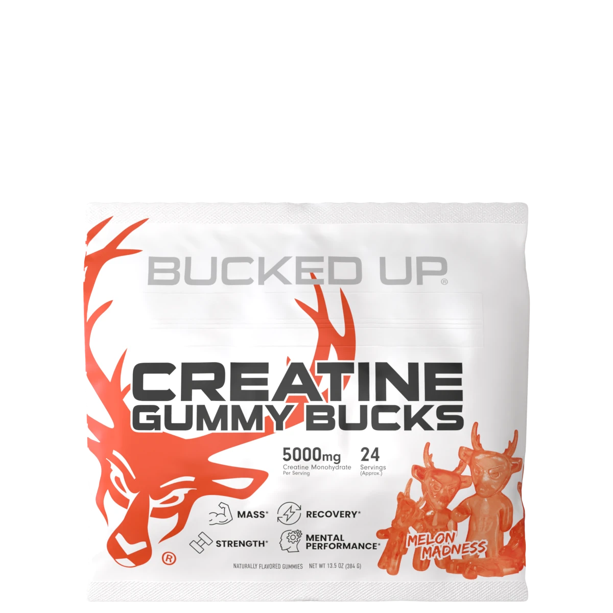 A package of Bucked Up Creatine Gummies with a white and orange color scheme, featuring a silhouette of a deer and text that reads 'Creatine Gummy Bucks' along with '5000mg' and '24' which likely indicates the dosage and quantity.