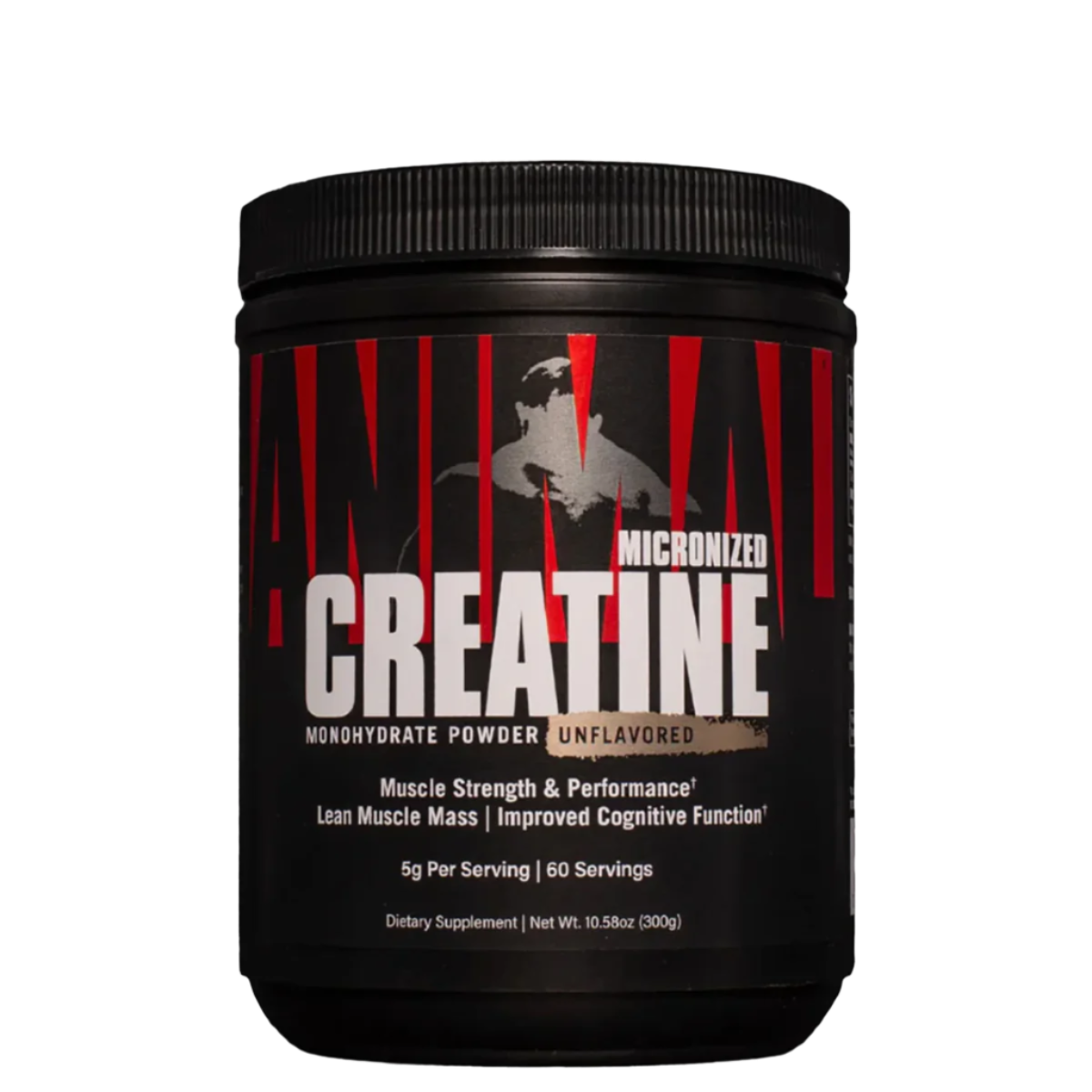 A container of Animal Micronized Creatine Monohydrate powder with a black and red label, unflavored.