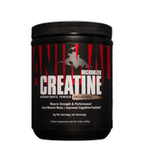 A container of Animal Micronized Creatine Monohydrate powder with a black and red label, unflavored.