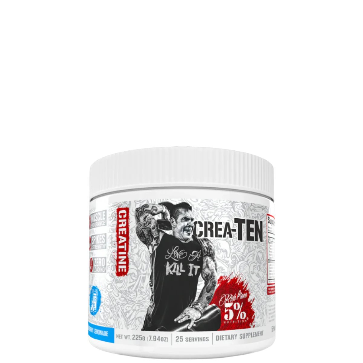 A container of Crea-TEN 10-in-1 Creatine supplement with a graphic of a person lifting weights and text detailing the product's benefits.