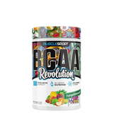 A container of MuscleSport BCAA Revolution supplement with a colorful label featuring fruits.
