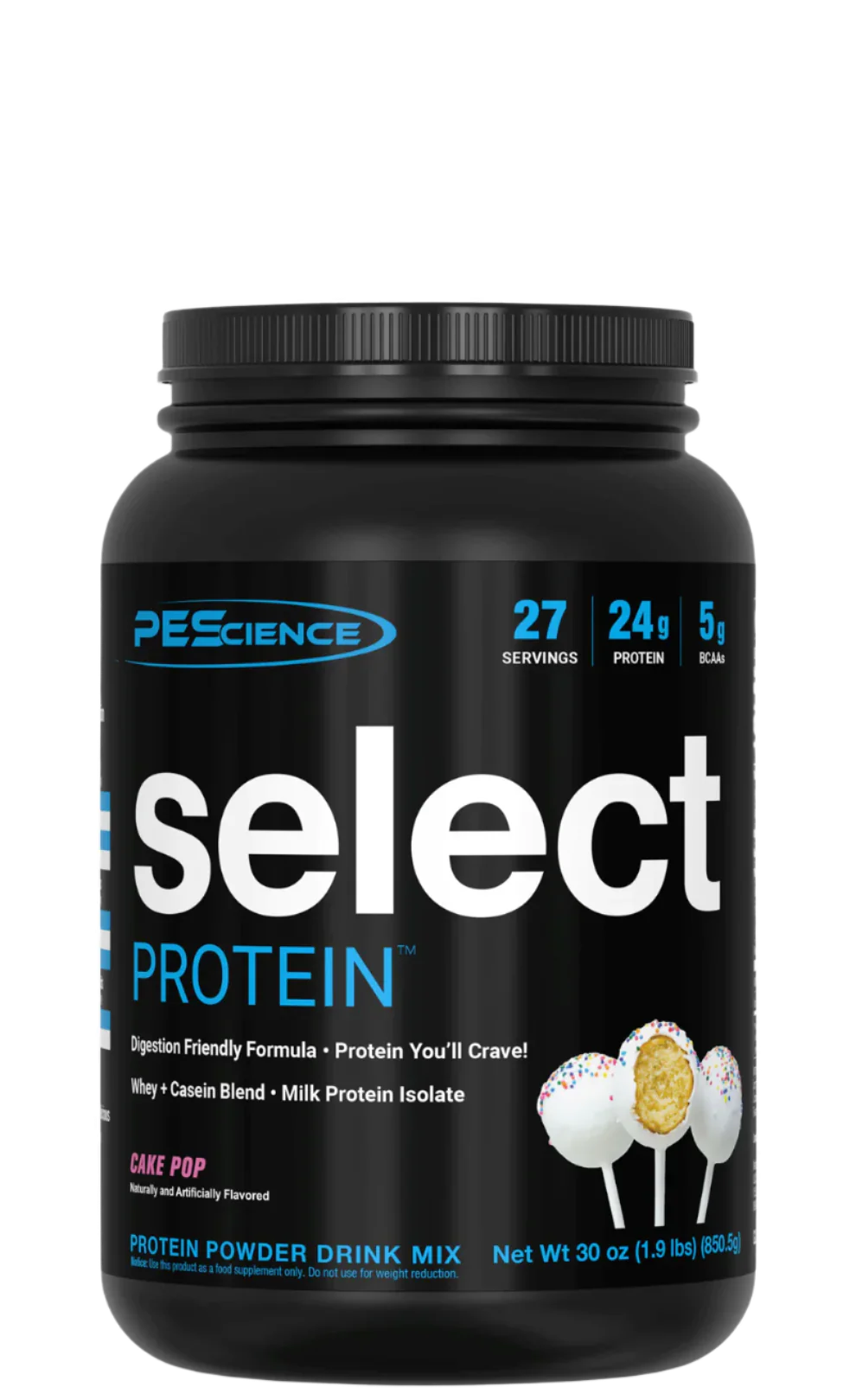 A container of Select Protein powder by PEScience with the flavor lemon-lime indicated on the label.