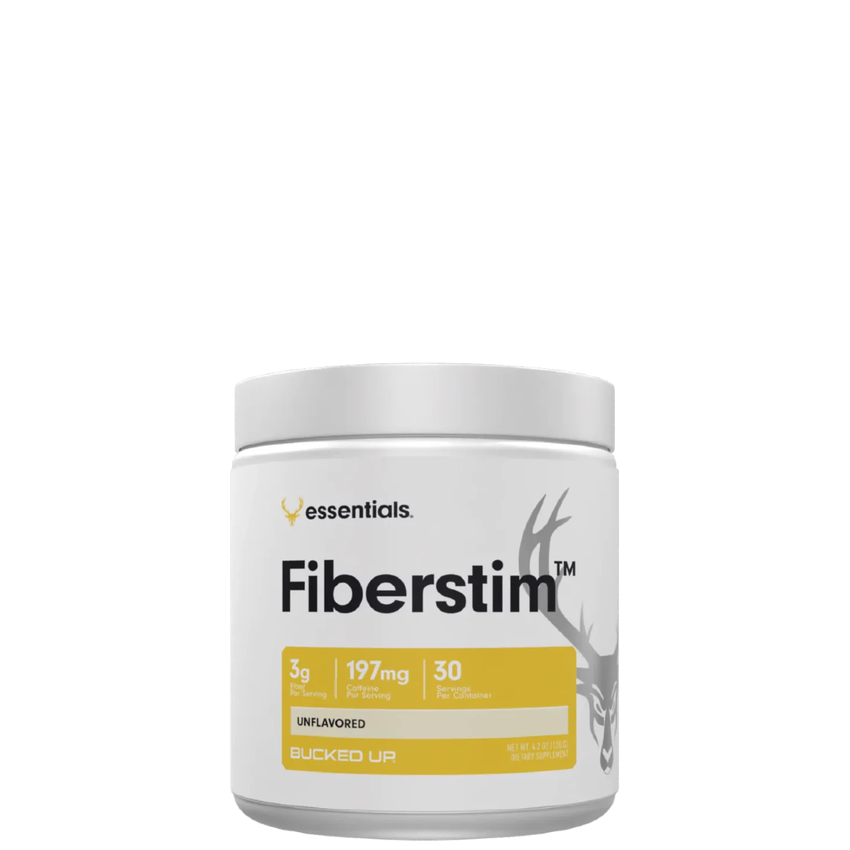 A container of Bucked Up Fiber Stim Powder with Caffeine, featuring the brand logo and product information.