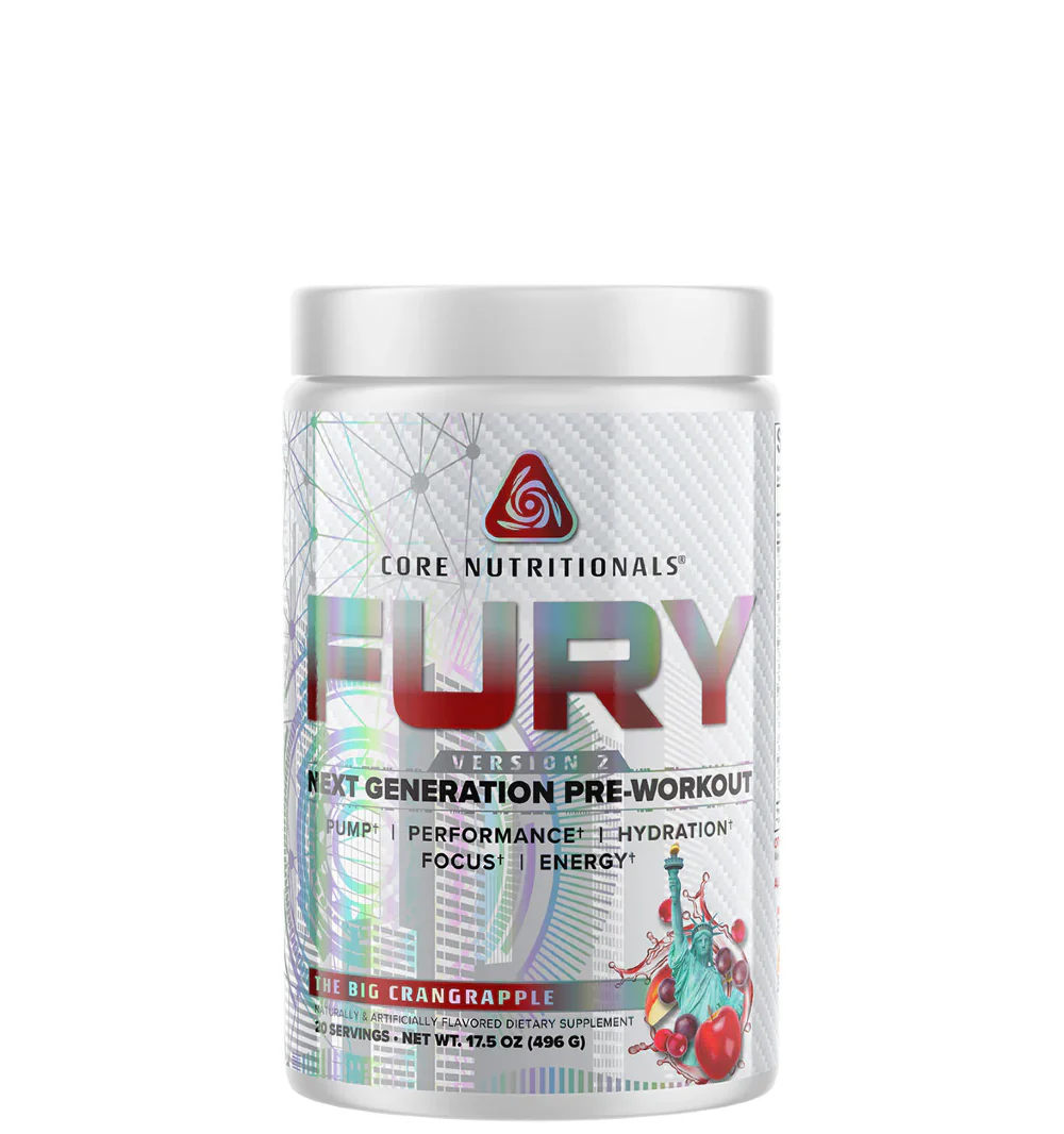 A container of Core Nutritionals FURY v2 pre-workout supplement.
