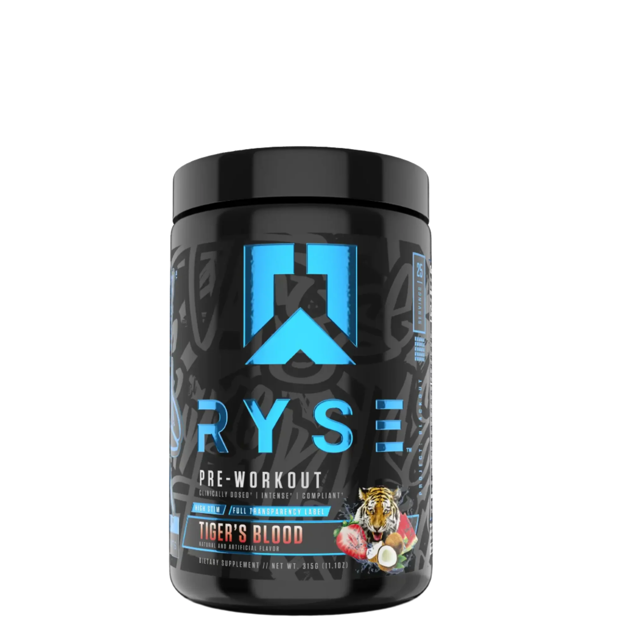 A container of Ryse SunnyD flavor pre-workout supplement with a colorful design featuring orange and yellow tones.