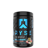 A container of Ryse SunnyD flavor pre-workout supplement with a colorful design featuring orange and yellow tones.