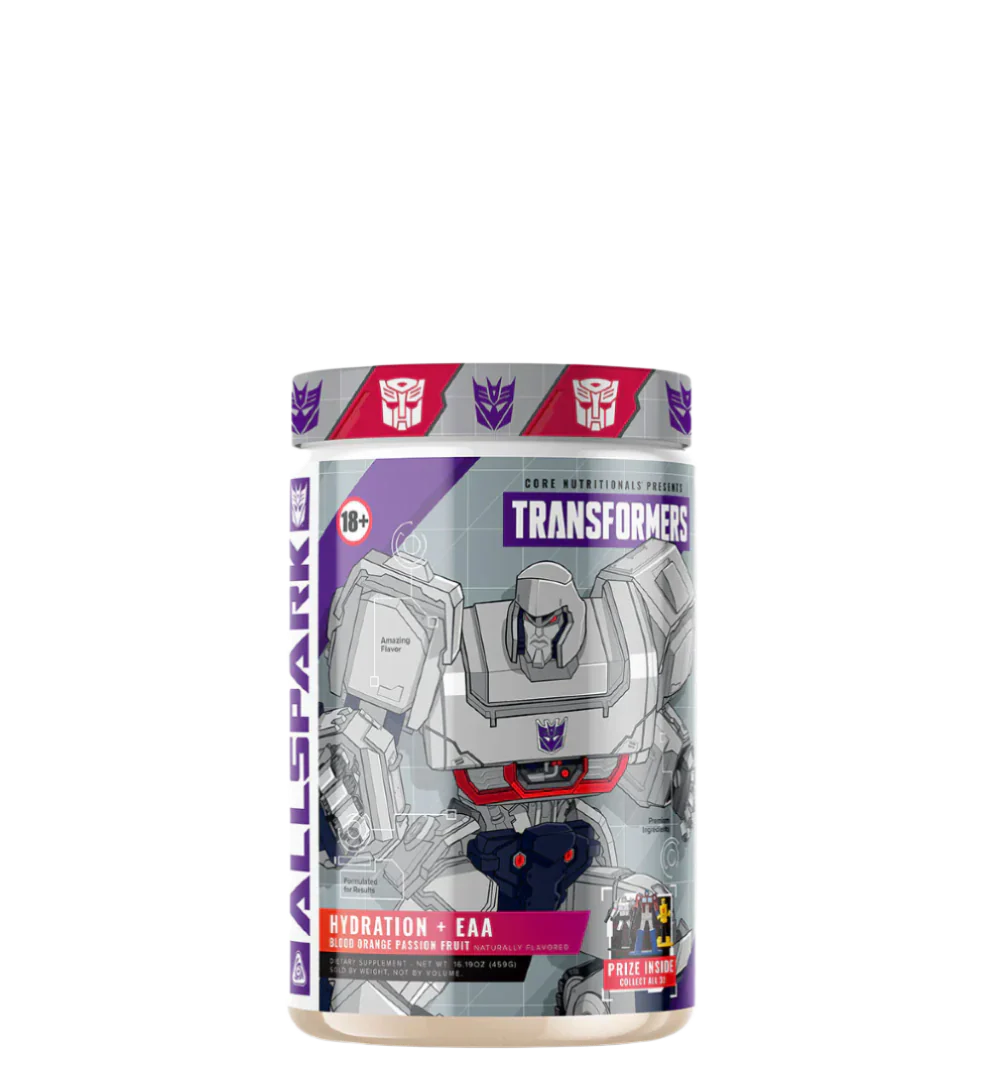 A container of Transformers-themed hydration supplement powder with a character illustration on the label.
