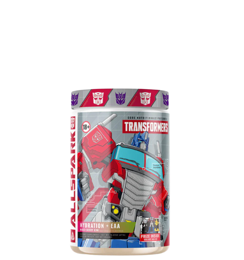 A container of Transformers-themed hydration supplement powder with a character illustration on the label.