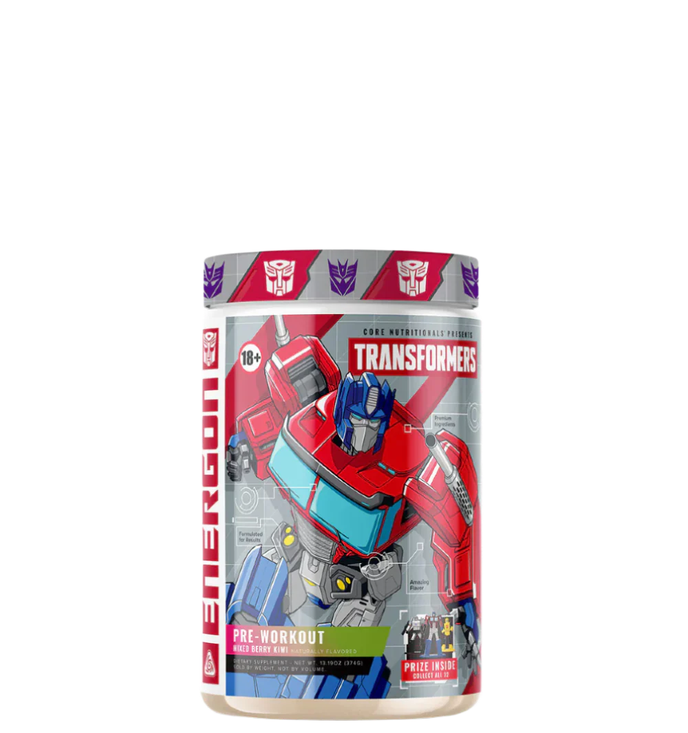 A container of Transformers Energon supplement, featuring character illustrations and branding elements from the Transformers franchise.