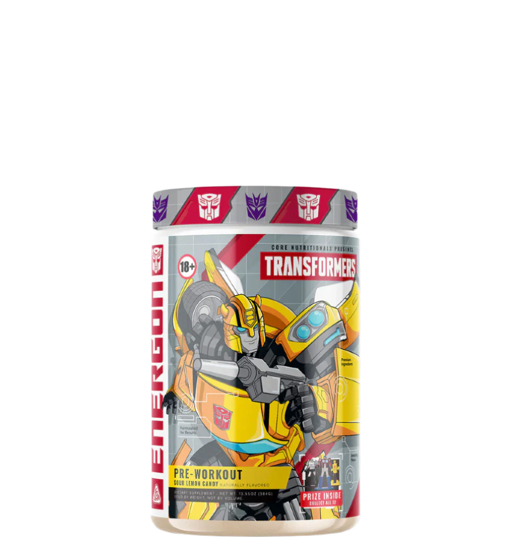 A container of Transformers Energon supplement, featuring character illustrations and branding elements from the Transformers franchise.