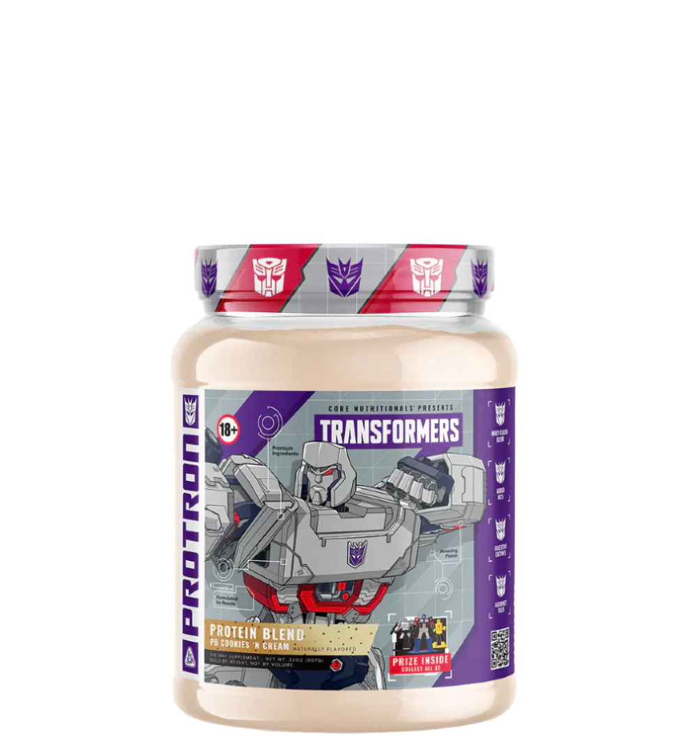 A container of Transformers Protron protein supplement with character illustrations from the Transformers franchise on the label.