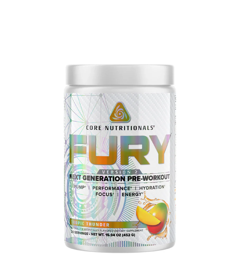A container of Core Nutritionals FURY v2 pre-workout supplement.