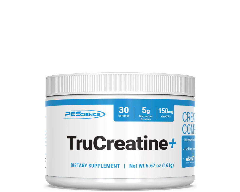 A container of TruCreatine+ Powder, which is a micronized creatine monohydrate dietary supplement by PEScience. The container is white with blue and black text, and it is labeled as 'Creatine Complex' and mentions 'Creapure', 'elevATP', '90 servings', and '150g'.