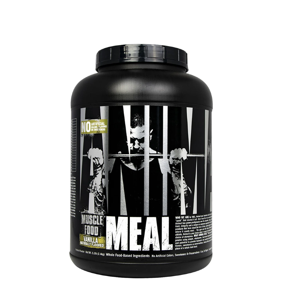A container of Animal Meal supplement powder with a label featuring a black and white image of a male figure.