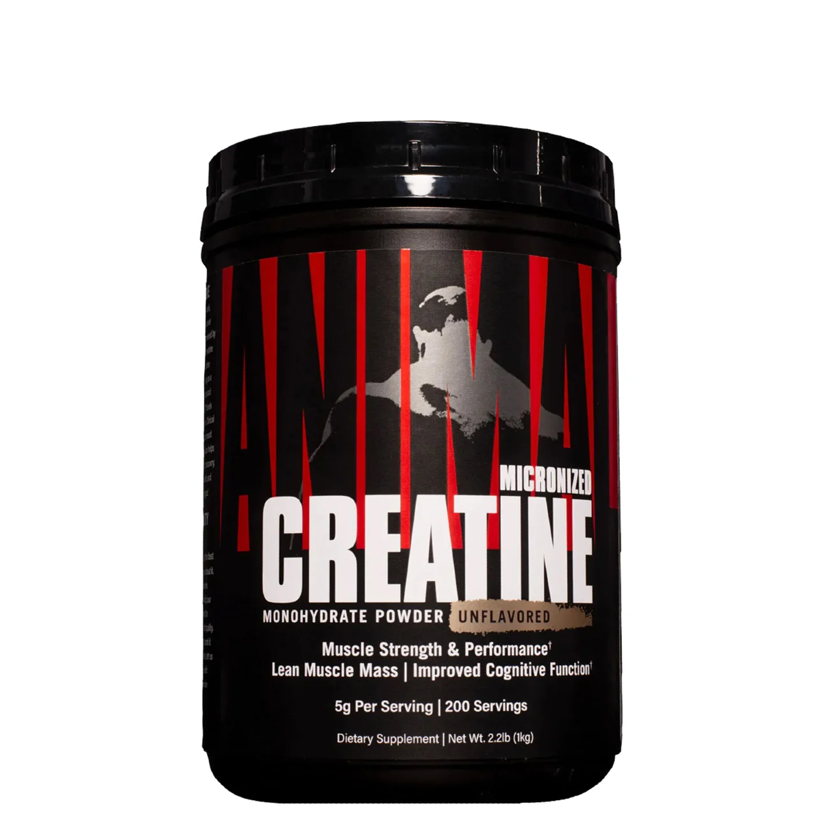 A container of Animal Micronized Creatine Monohydrate powder with a black and red label, unflavored.