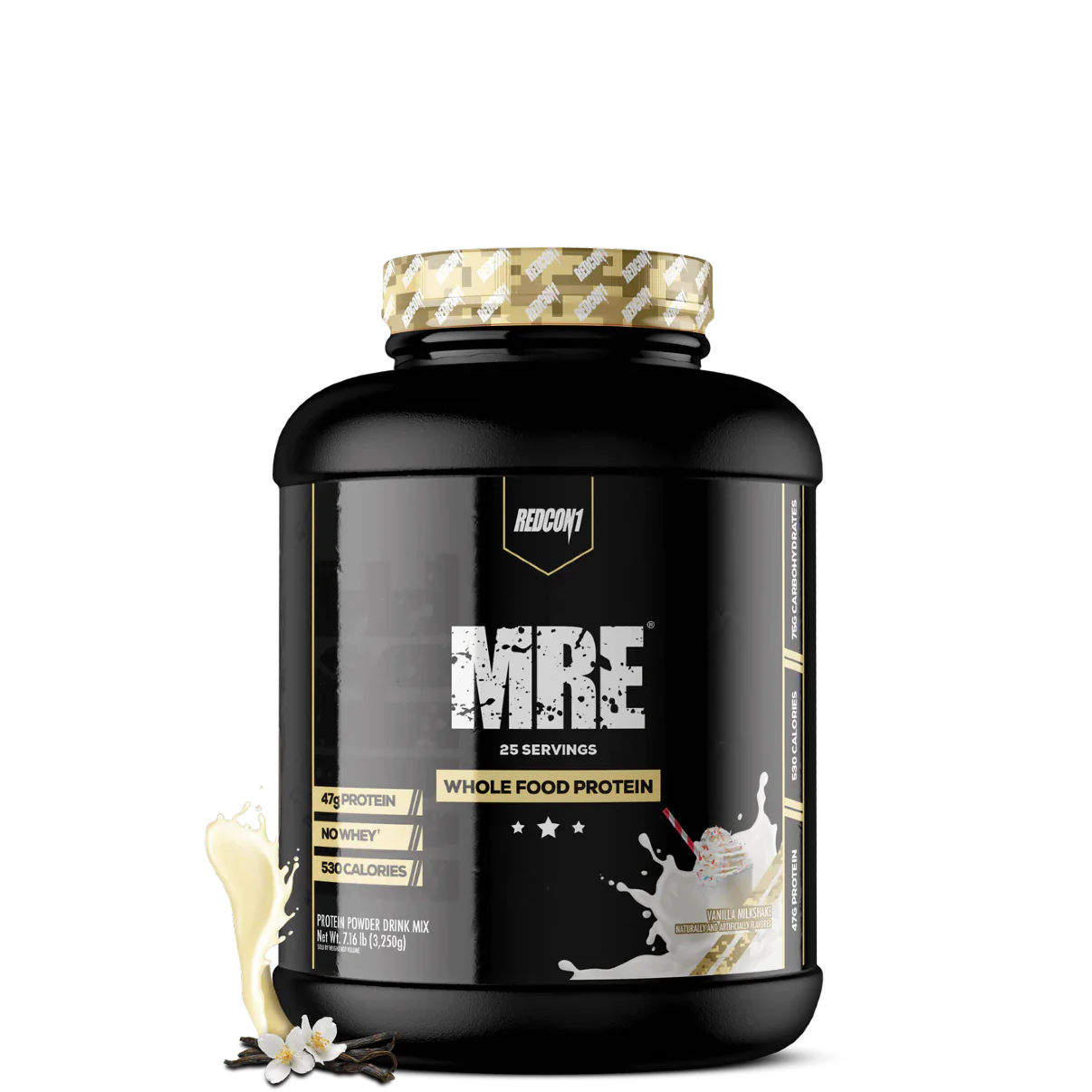 A black plastic container of MRE Whole Food Protein powder with a gold and white label, titled 'MRE WHOLE FOOD PROTEIN' and indicating 25 servings.