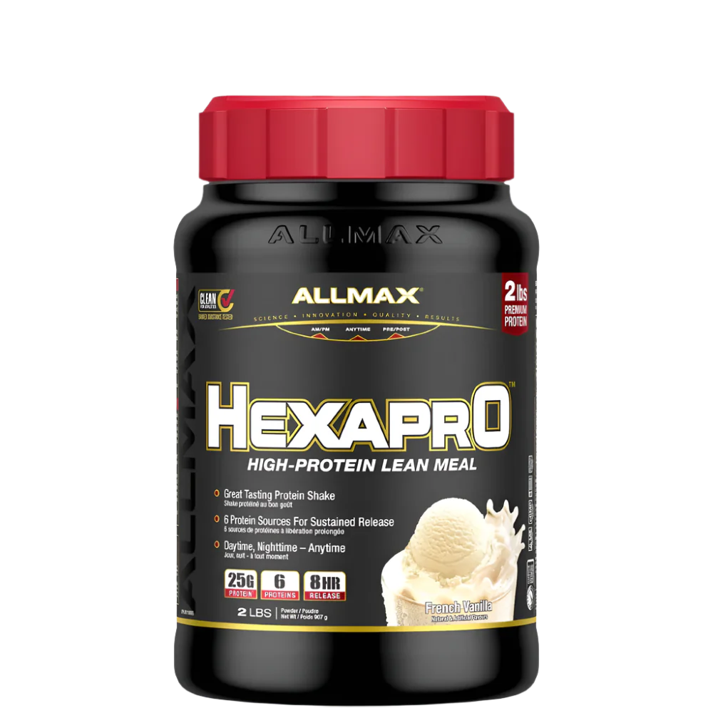 A container of ALLMAX Hexapro high-protein lean meal powder with a red lid and a label showing the product name and branding.