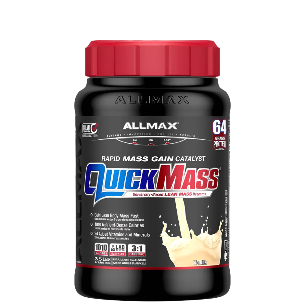 A container of QuickMass mass gainer protein powder by AllMax Nutrition in chocolate flavor.