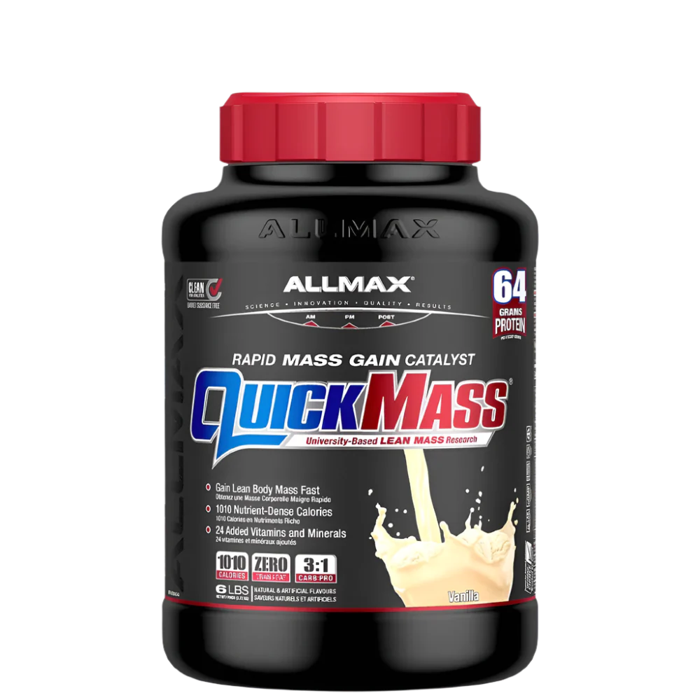 A container of QuickMass mass gainer protein powder by AllMax Nutrition in chocolate flavor.