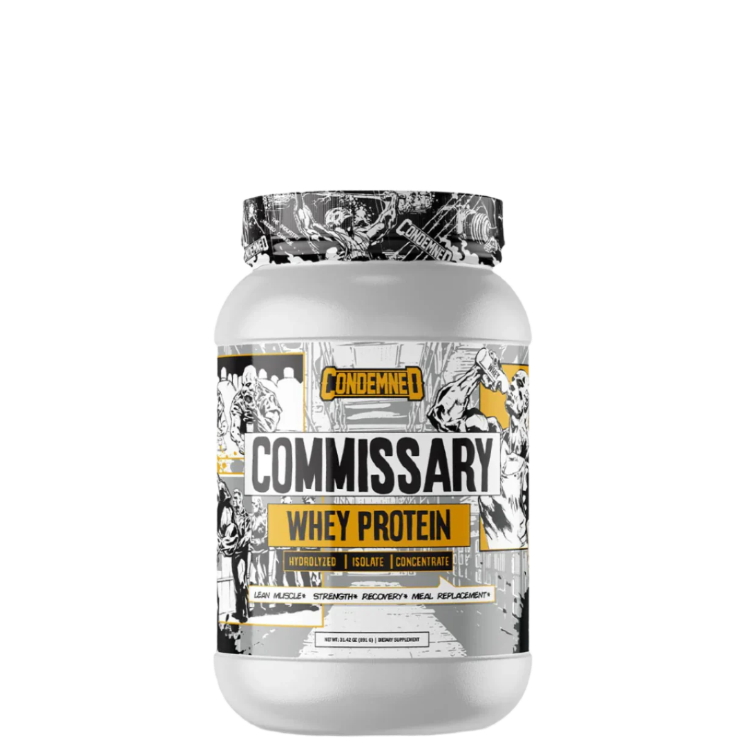 A container of Commissary Whey Protein by Condemned Labz with a graphic design featuring a mummy and gym elements.