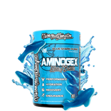 A container of Aminogex Ultra EAA + Hydration supplement, featuring graphics of a pineapple, strawberry, and coconut, indicating the flavor or tropical theme.