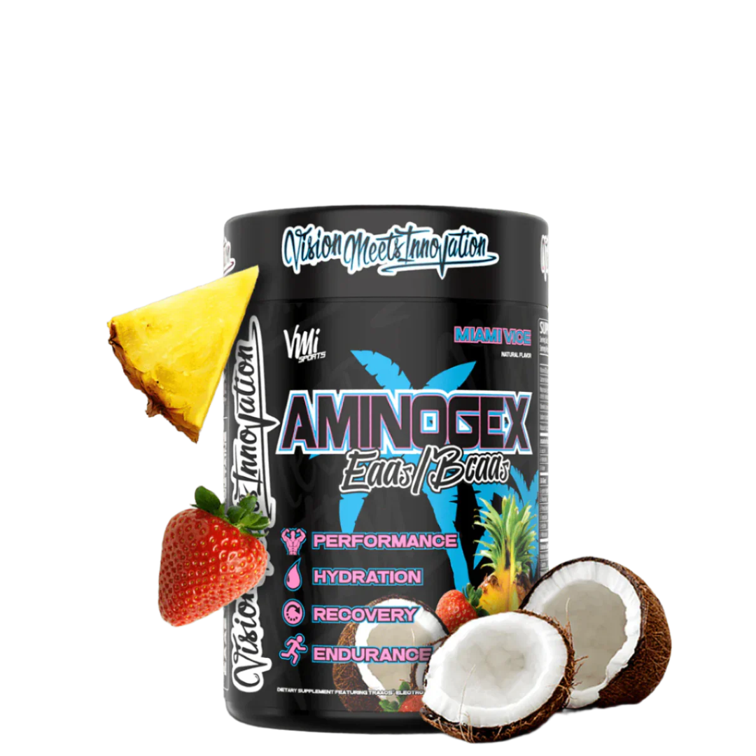A container of Aminogex Ultra EAA + Hydration supplement, featuring graphics of a pineapple, strawberry, and coconut, indicating the flavor or tropical theme.